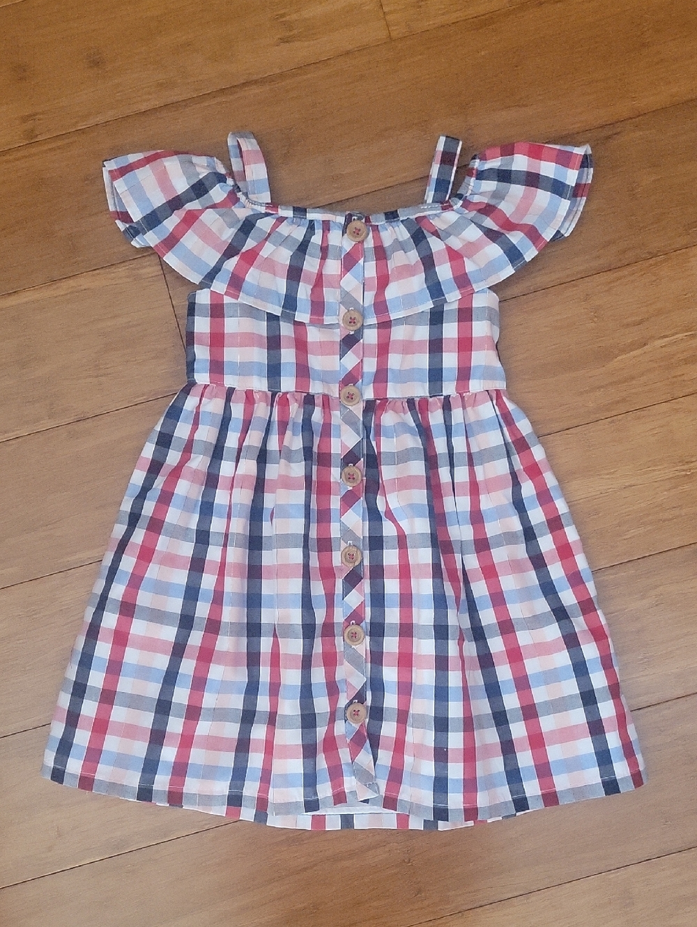 Girls Plaid Off-Shoulder Sundress with Button Front - Red, Blue & White